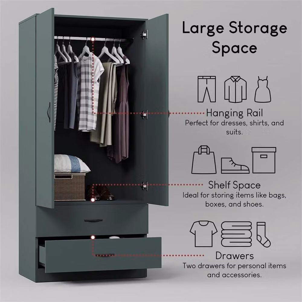 FORGEVIO Green Modern Wooden Wardrobe with Hinged Doors and Integrated Drawers – 4