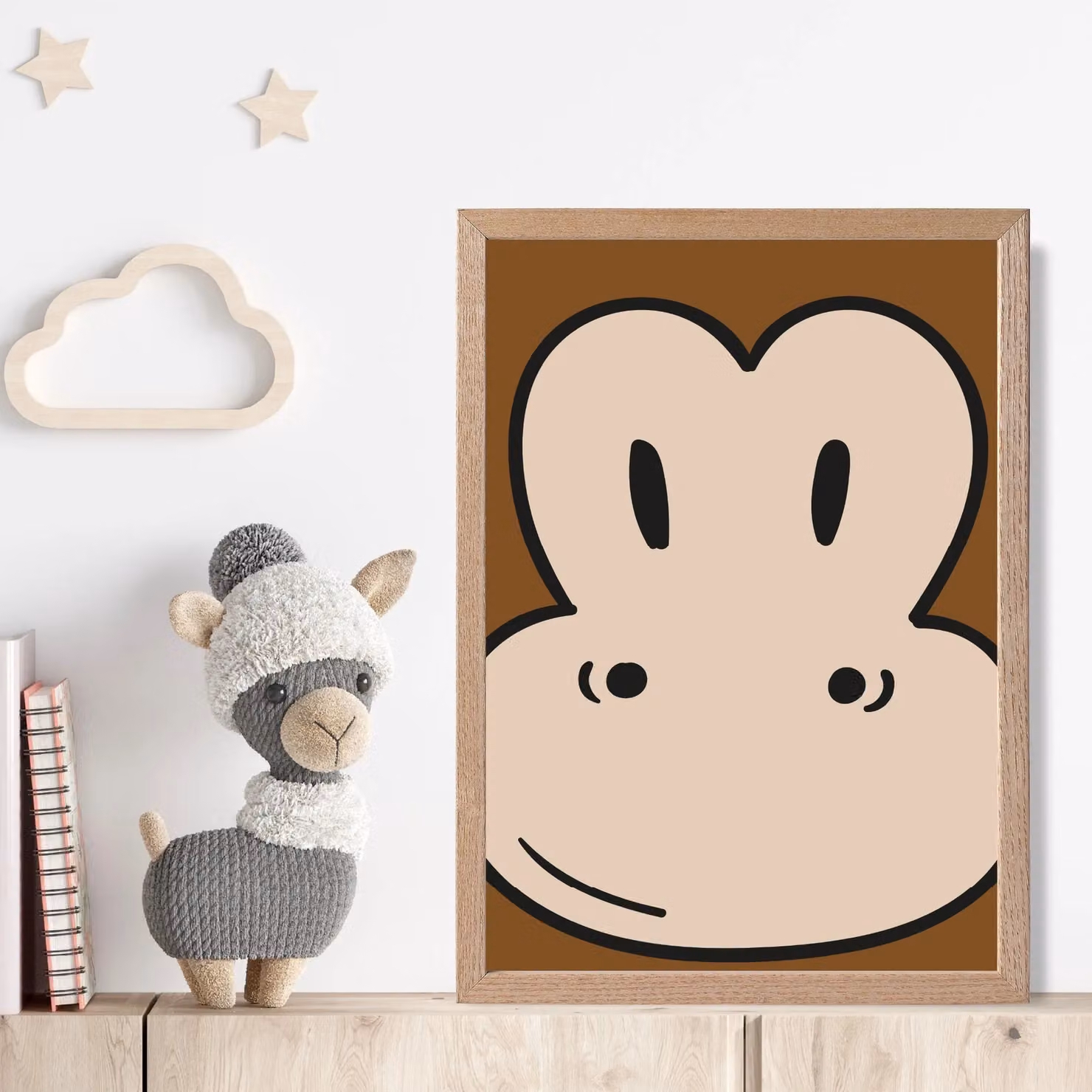 ARTZE Monkey Face Cartoon Style Framed Illustration in Brown Oak Wood, A2 Size – 2