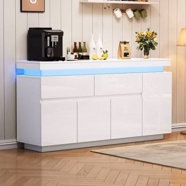 STILVORA White Glossy Sideboard with Integrated LED Lights, 4 Doors and 2 Drawers, W/D/H: 140 x 35 x 72.5 cm – 1