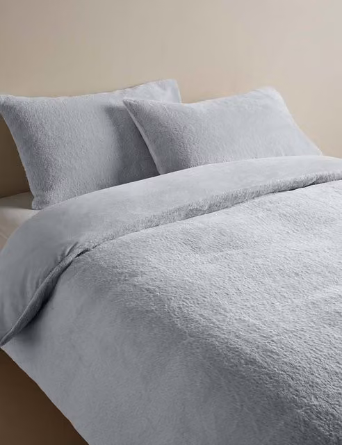 M&S Supersoft Faux Fur Bedding Set in Dove Grey, including Duvet Cover and Pillowcase, W/D/H: 90 x 190 cm