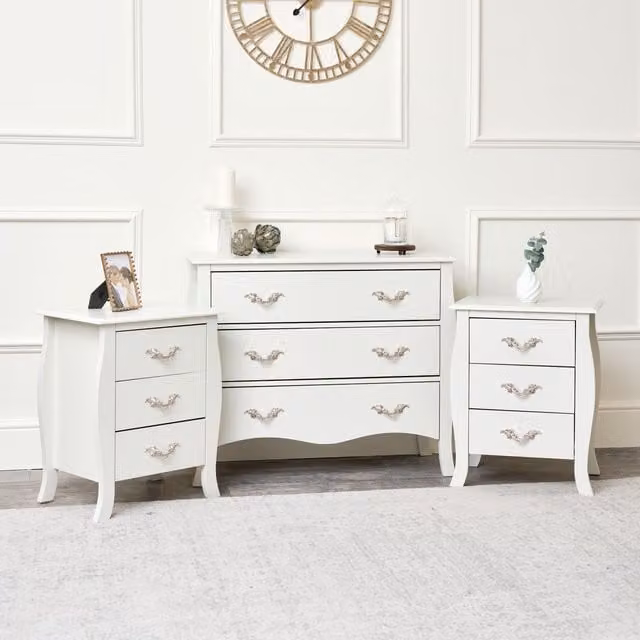 Melody Maison Elizabeth Ivory Range Large 3 Drawer Chest of Drawers and Pair of Bedside Tables in Off-White