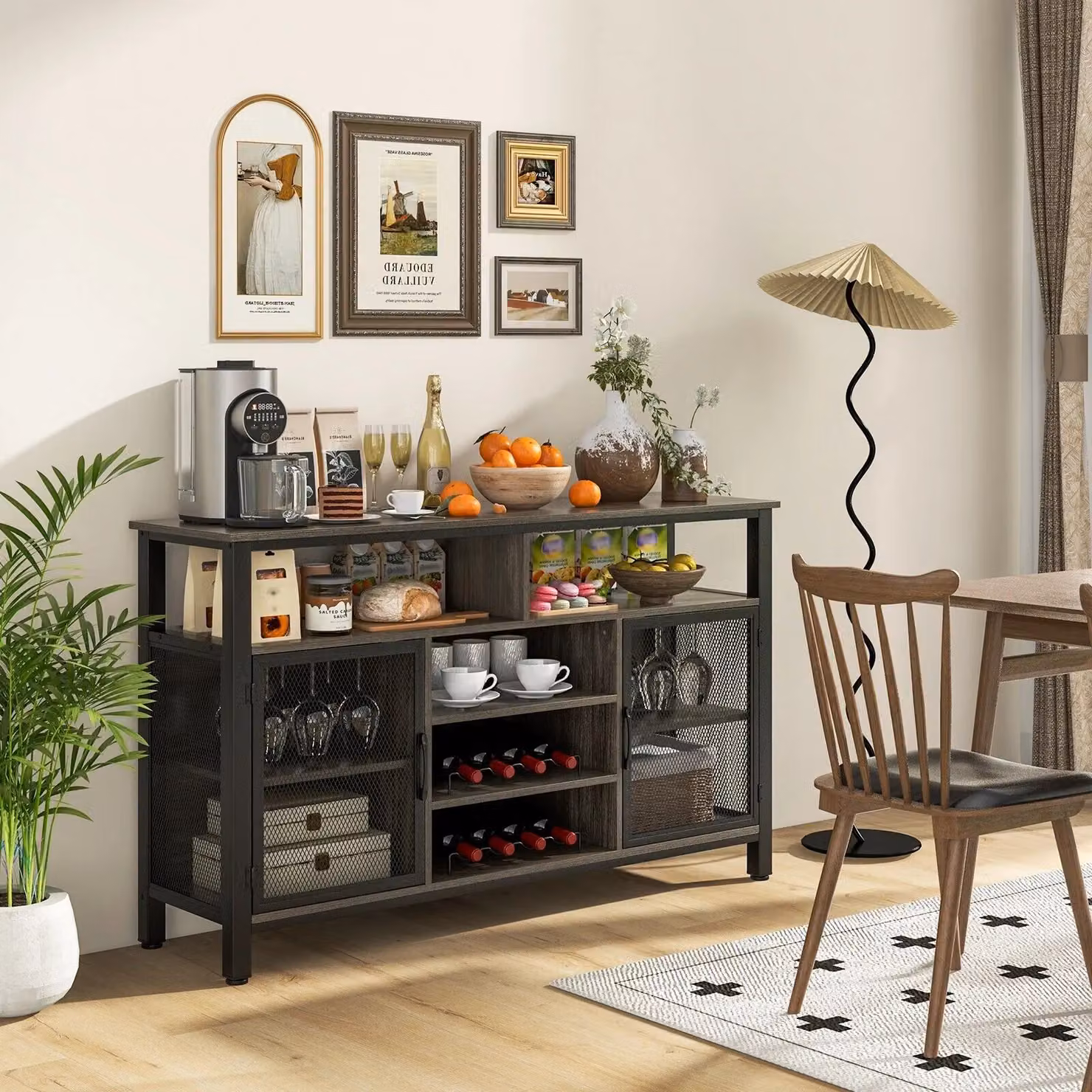 Costway Industrial Wine Bar Cabinet Grey Buffet Sideboard with 8-Bottle Wine Racks, W: 140 cm, H: 84 cm – 3