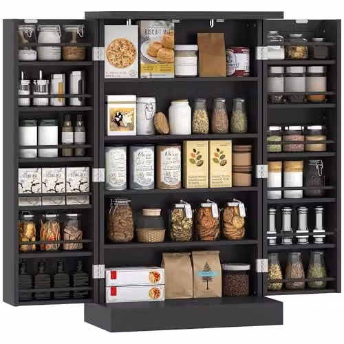 HOMCOM Black Modern Kitchen Pantry Cabinet with Hinged Double Doors and Internal Shelves, H: 104 cm, W: 60 cm, D: 30 cm – 1