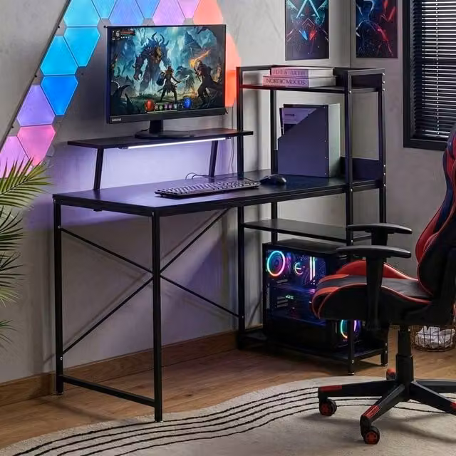 Wyld and Coco Black LED Gaming Desk with 5 Shelves and MDF Top – 1