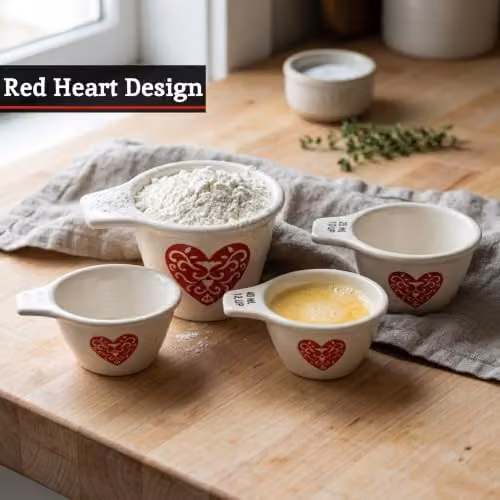 Orsina Ceramic Heart Measuring Cup Set with Printed Scale, Nesting Design in Red, Beige and White – 3