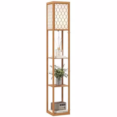 HOMCOM Modern Floor Lamp with Shelves and Fabric Lampshade in Natural Wood – 1