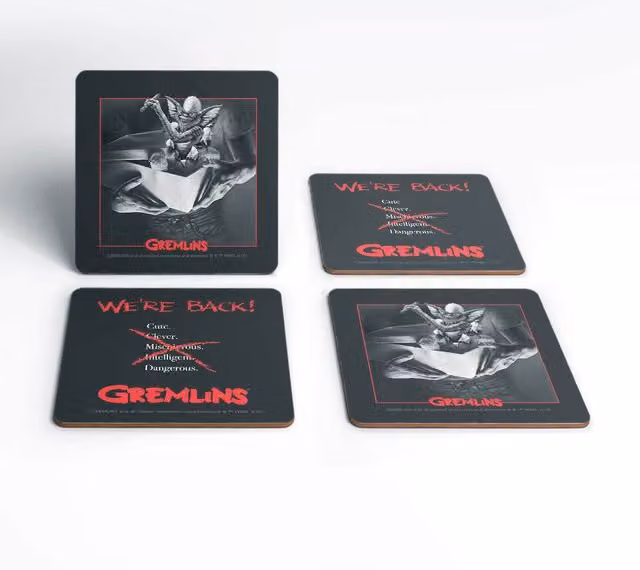 Gremlins Striped Coaster Set, 4 Pack, Multicolour and Black Wood and Cork Square Coasters