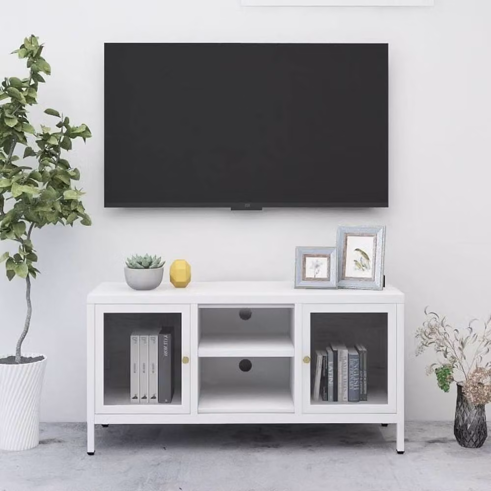 Berkfield Home White TV Cabinet with Glass Doors and Metal Frame, W/D/H: 105 x 35 x 52 cm – 2