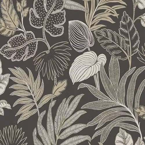 Grandeco Kew Botanical Leaves Black Textured Vinyl Wallpaper