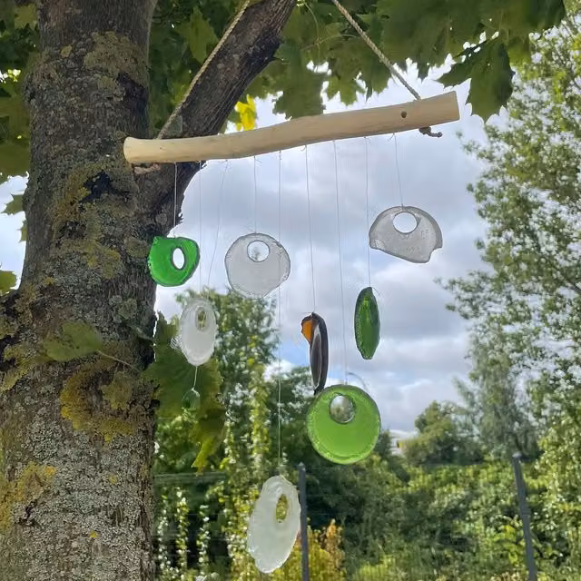 KDMK Hanging Geometric Bottle Bottoms Chime in Multicolour Glass and Wood