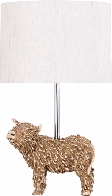First Choice Lighting Angus Highland Cow Table Lamp in Brown and Beige with Fabric Shade – 1