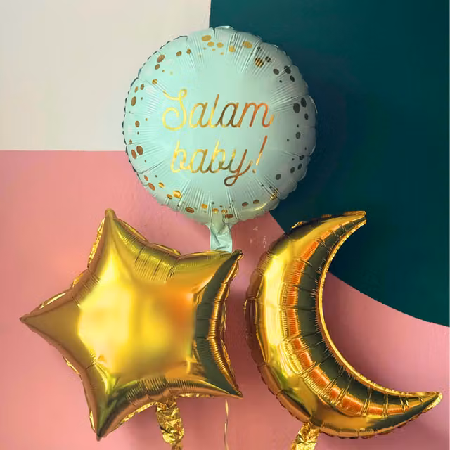 Salam Baby Foil Balloon Bundle in Green and Gold with Stars and Dots, Helium Inflated