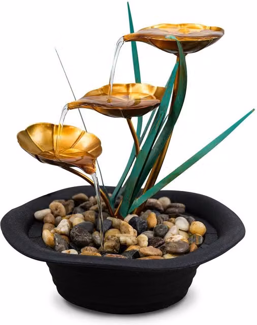 GEEZY Indoor Tabletop Water Fountain with Lotus Design and LED Lights, Green and Multicolour – 1