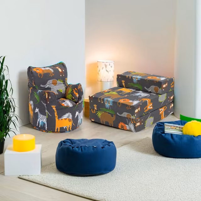 Ready Steady Bed Africa Printed Kids Bean Bag Armchair and Folding Z Bed Mattress in Multicolour Animal Print