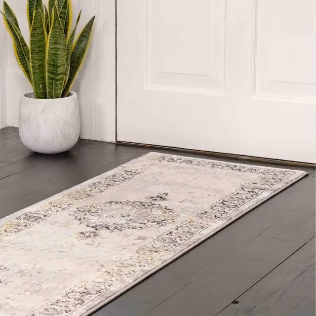 The Rug House Metallic Distressed Traditional Medallion Bordered Area Rug in Grey and Gold, W: 240 cm, D: 70 cm