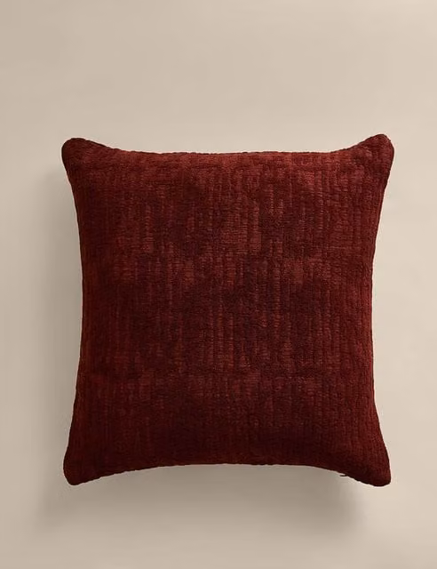 M&S Pure Cotton Chenille Jacquard Square Cushion in Chestnut Brown and Red