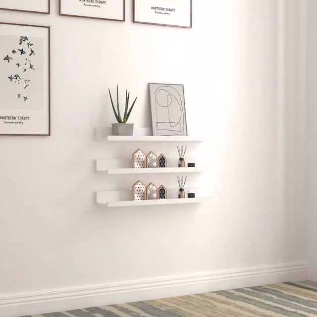 KORVIXA Set of 3 White Pine Wood Floating Wall Mounted Shelves