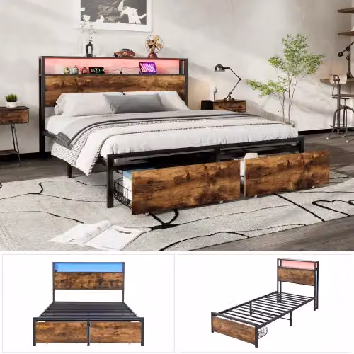 Matteo Black Metal Double Bed with LED Light Strip, 2 Drawers and USB Charging Ports, 140 x 200 cm – 7