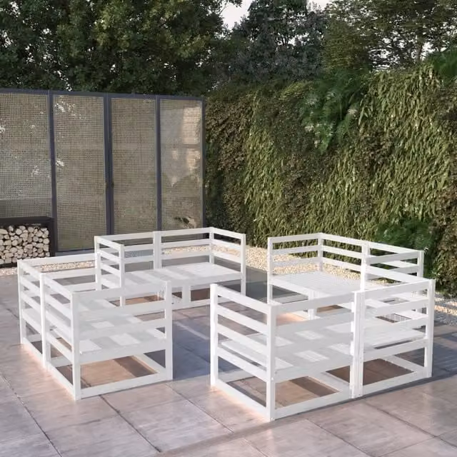Berkfield Home 8 Piece White Solid Pinewood L-Shape Garden Lounge Set