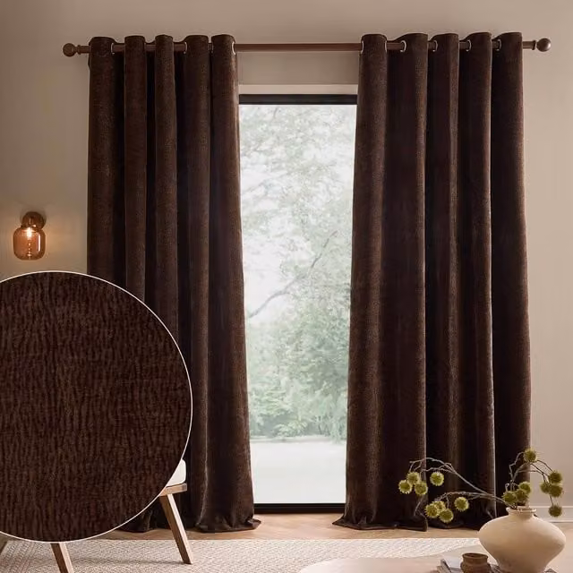 Yard Heath Brown Washed Velvet Eyelet Curtain Pair, Width: 168 cm, Drop: 229 cm