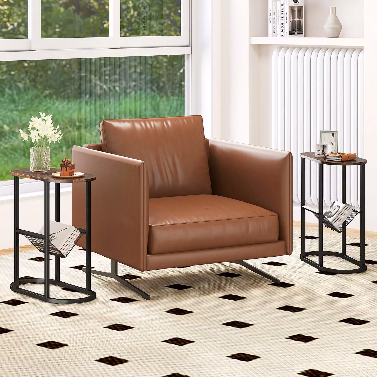 Costway Set of 2 Modern Faux Marble Narrow Side Tables with Magazine Holder in Brown – 6