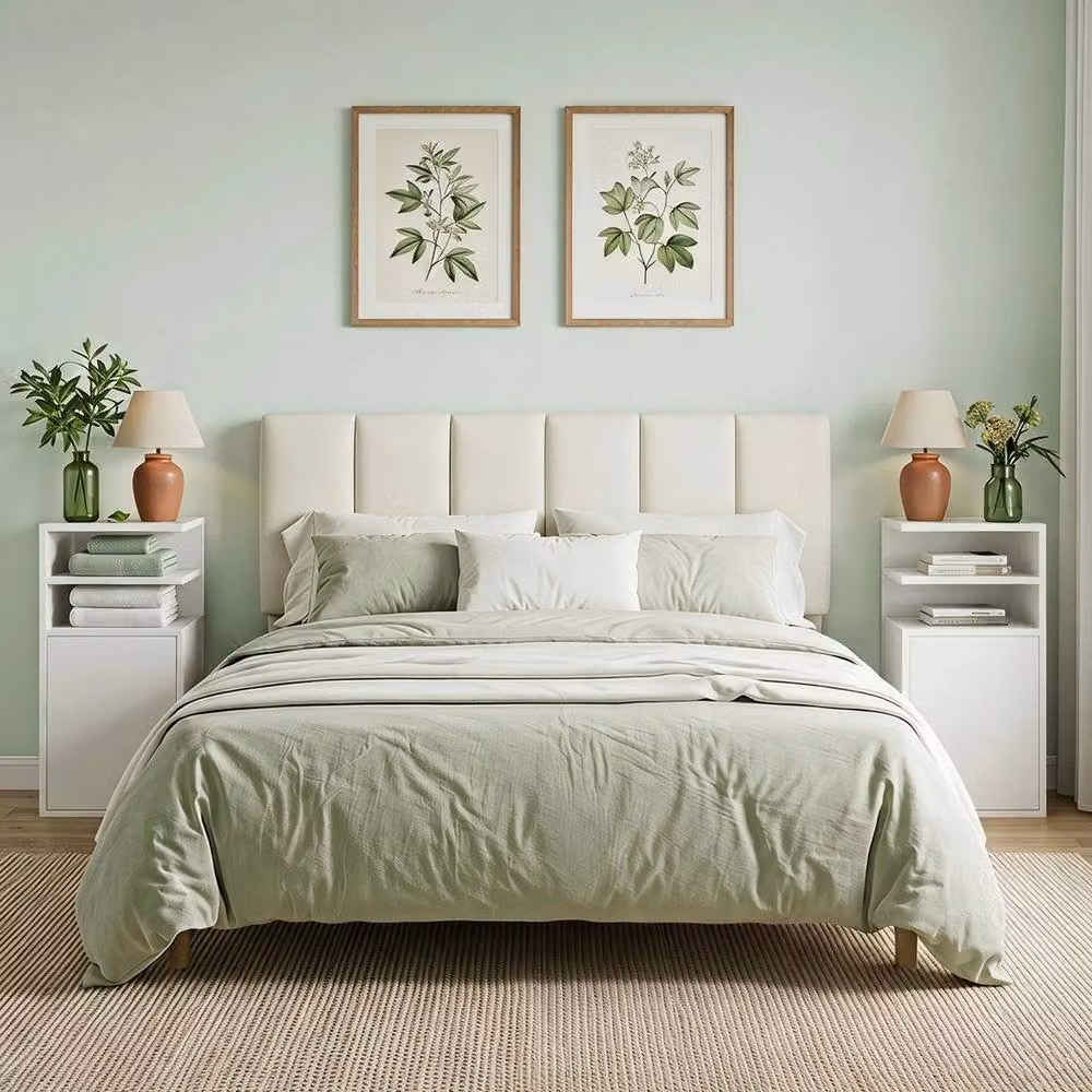 PAWNORA Slim Bedside Table Set of 2 with Open Cubbies and Cupboard, White – 2