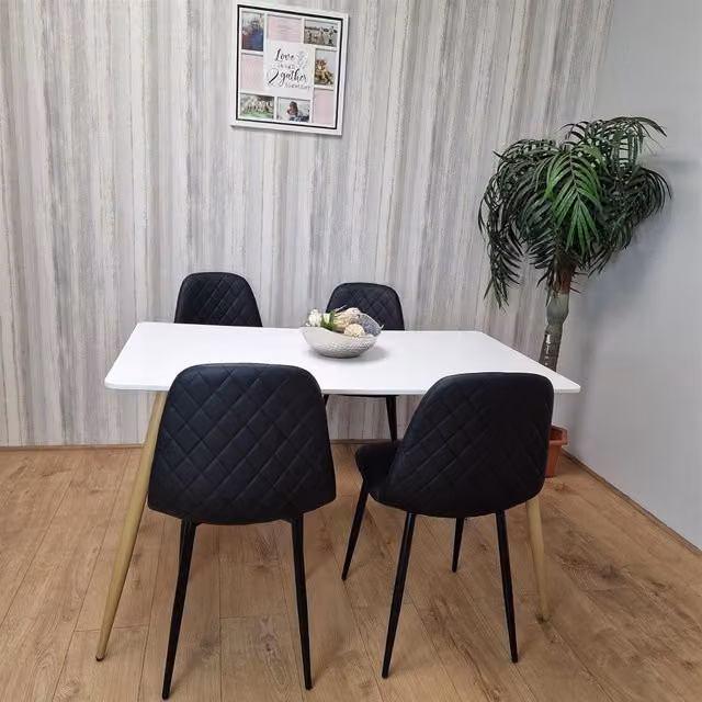 Kosy Koala Modern Rectangular Dining Set with White MDF Table and 4 Black Geometric Patterned Chairs