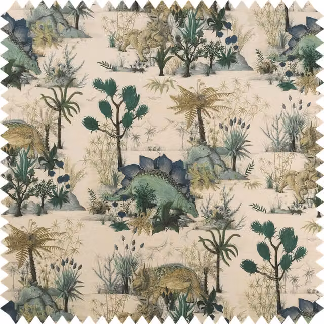 House of Hackney Dinosauria Cotton Linen Fabric in Ecru, Beige and Green