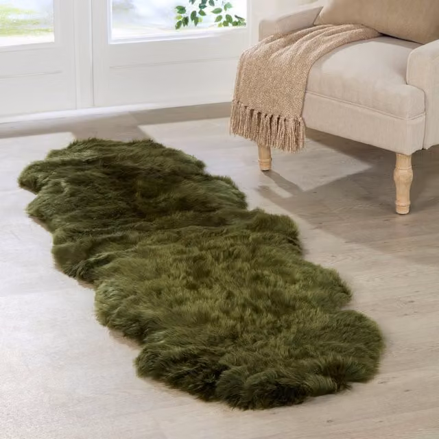 Native Natural Green Double Sheepskin Wool and Fur Rug