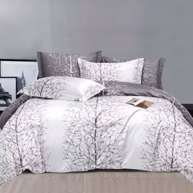 Ezysleep Silver Nature Printed Duvet Set and Pillowcase in Silver and White, 220 cm