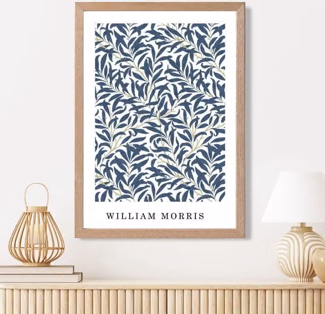 ARTZE Vintage William Morris Navy Willow Floral Art Print with Oak Wood Frame