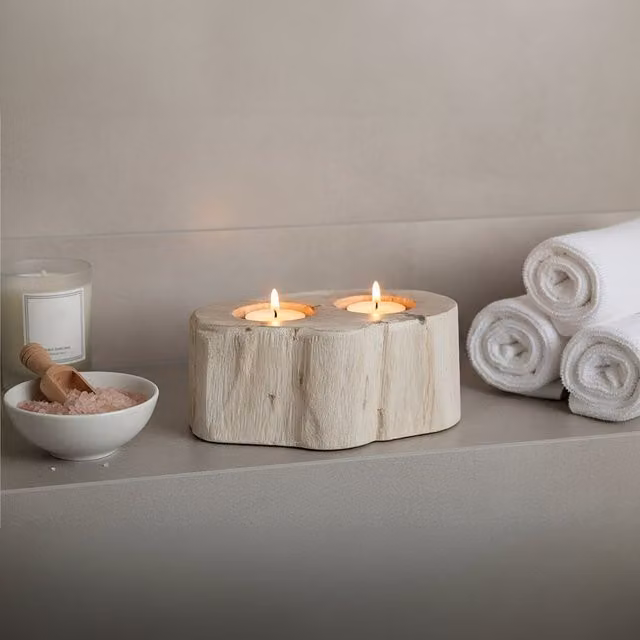 Orsina Relic Petrified Wood Double Candle Holder in White Stone