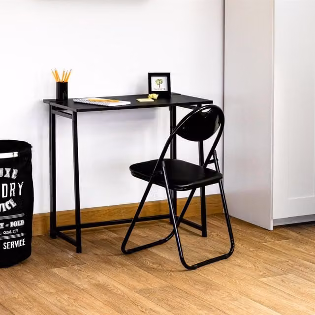 Harbour Housewares Modern Black Folding Desk and Office Chair Set with Wood and Metal Construction