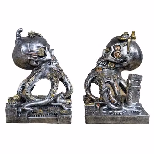 Gifts Direct 2 U Steampunk Octopus Skull Metal Bookends in Gold and Multicolour, 2-Piece Set – 1