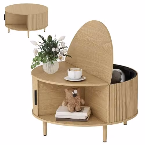 HOMCOM Mid-Century Modern Round Coffee Table with Storage, Brown