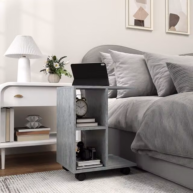 HOMCOM C Shape End Table with 2 Shelves in Grey