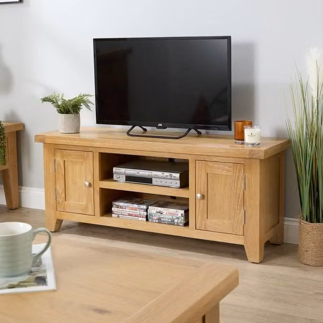 Home Source Light Oak Wooden TV Stand with 2 Doors and 2 Shelves, W: 120 cm, D: 37 cm, H: 50 cm – 1