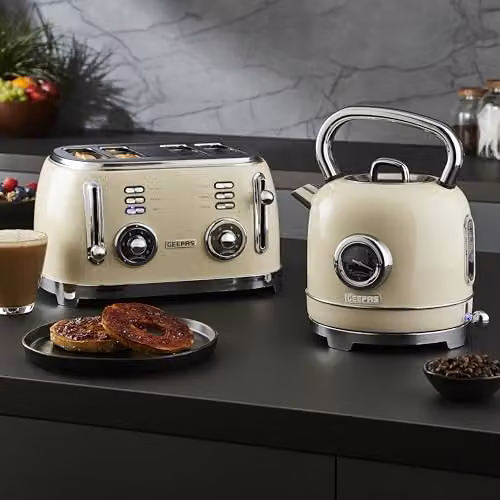 Geepas Retrovive Kitchen Combo Set including 1.8L Electric Kettle, 4 Slice Toaster and 20L Digital Microwave in Beige – 4