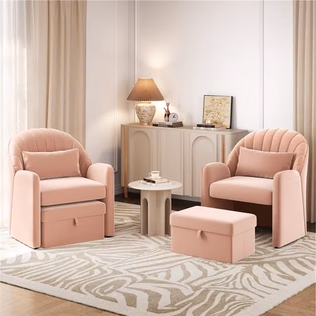 Yaheetech Pink Velvet Tub Armchair with Storage Footrest