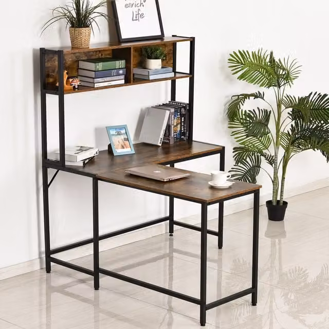 HOMCOM Industrial L-Shaped Corner Work Desk with Storage Shelf, Brown – 1
