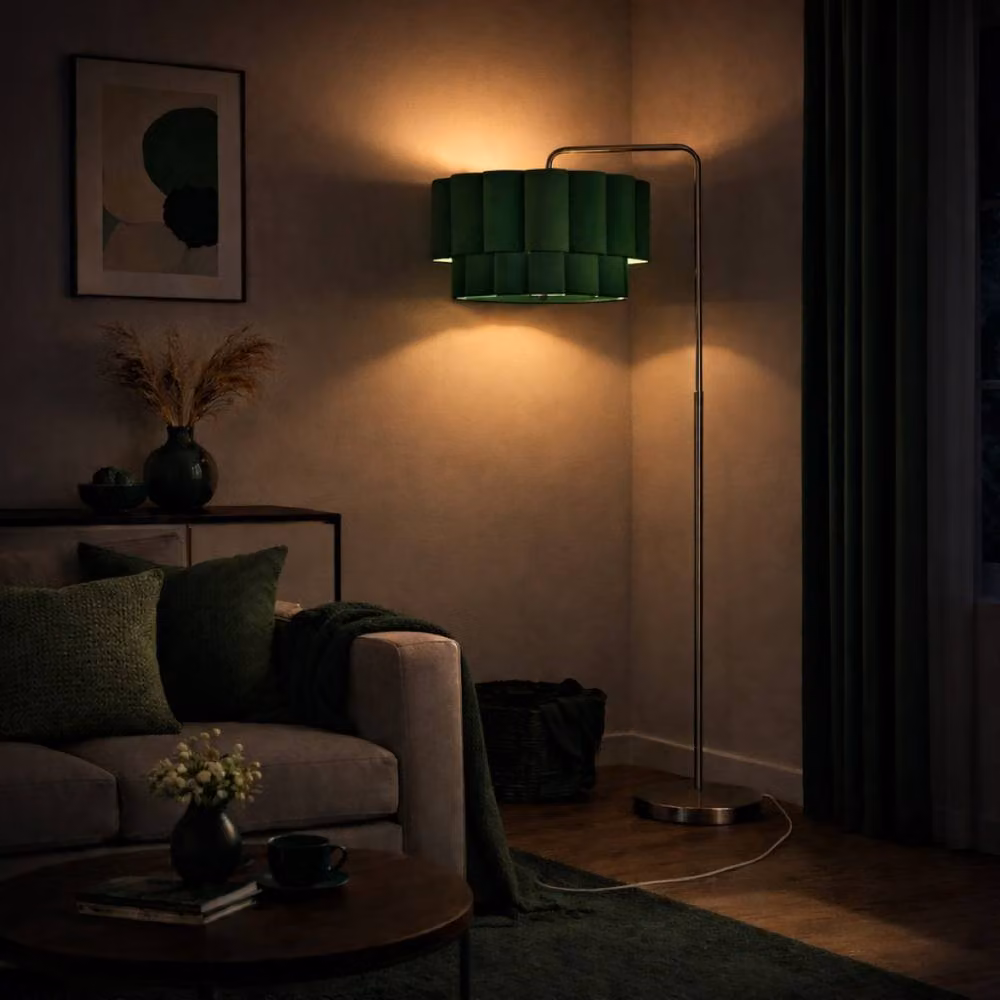 CGC Lighting Kyra Brushed Nickel Floor Lamp with Two Layer Scalloped Dark Green Fabric Lampshade – 2