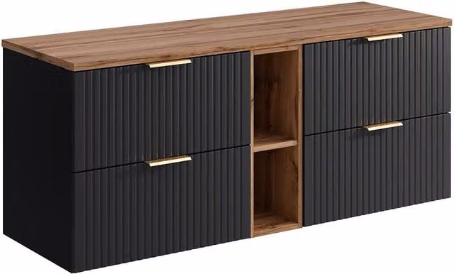 Vente-unique Striped Floating Vanity Unit with Niches in Black and Light Natural – 1