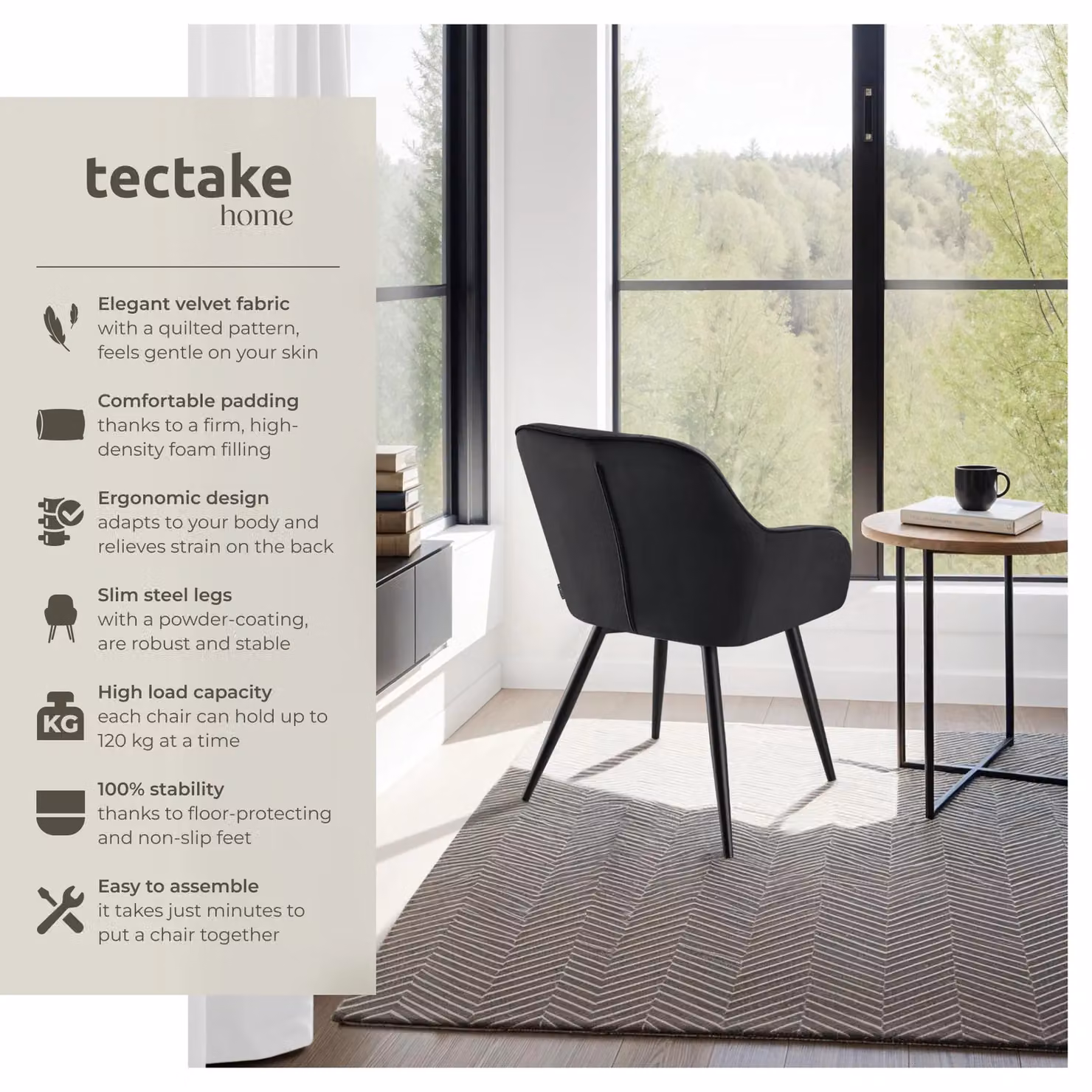 tectake Marilyn Set of 2 Modern Velvet Dining Chairs with Armrests in Black – 2