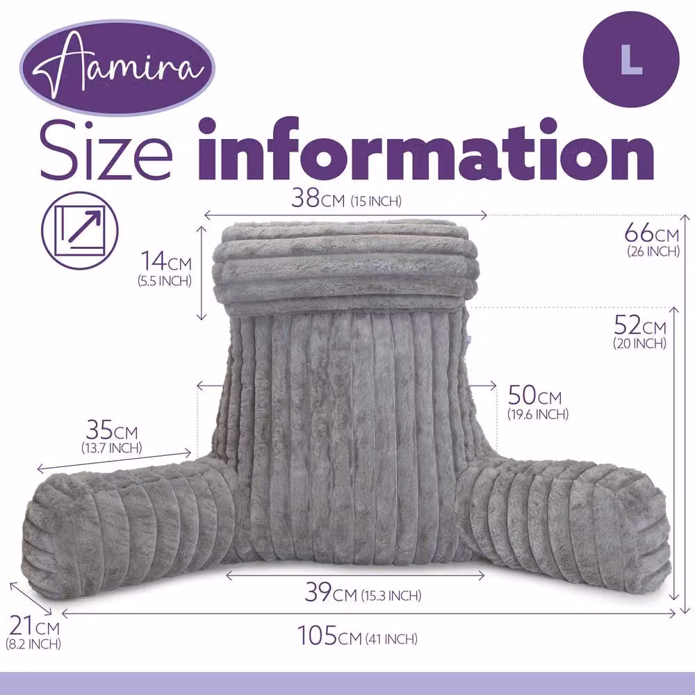 Aamira Grey Faux Fur Ribbed Memory Foam Reading Pillow Wedge Support Cushion W/D/H: 50 x 50 x 66 cm – 8