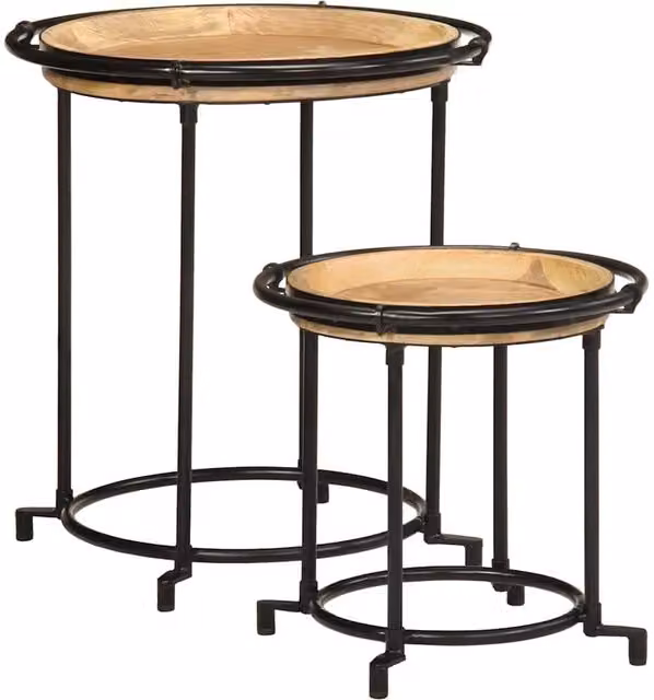 Berkfield Home 2 Piece Set of Round Nested Mango Wood Side Tables in Brown