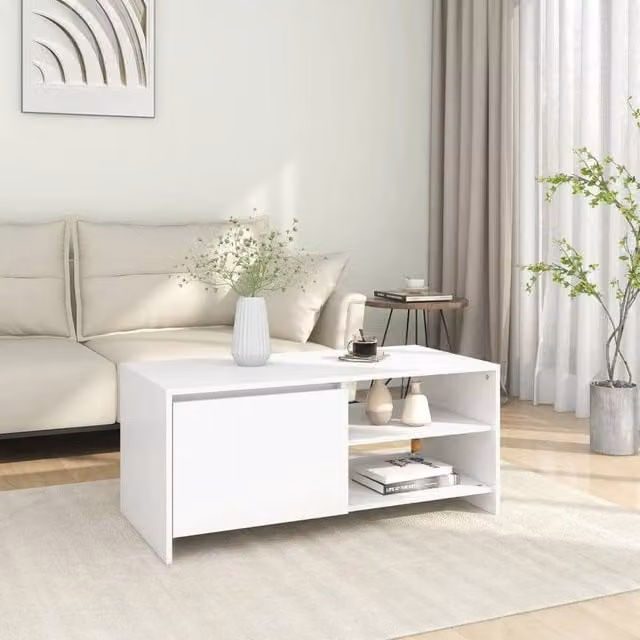 Berkfield Home Modern White Coffee Table in Engineered Wood, W/D/H: 102 x 50 x 45 cm