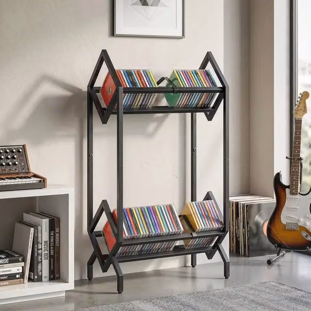 HOMCOM 2-Tier Metal CD and DVD Storage Display Rack, Black