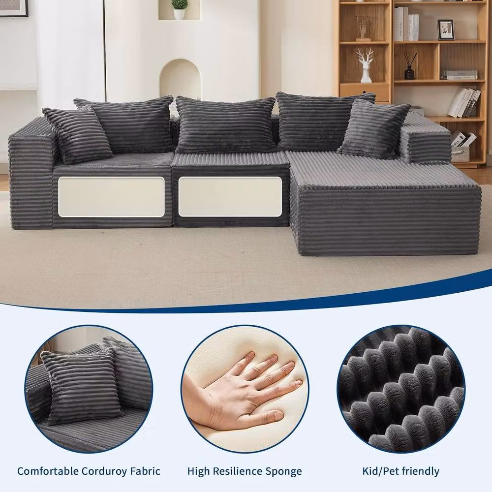 London Boutique L-Shaped Corduroy Sectional Modular Sofa in Dark Grey – 7