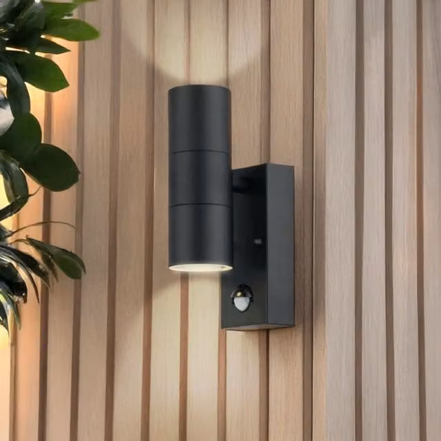 First Choice Lighting Blaze Black Outdoor Up Down Motion Sensor Wall Light with Glass and Metal Finish – 1