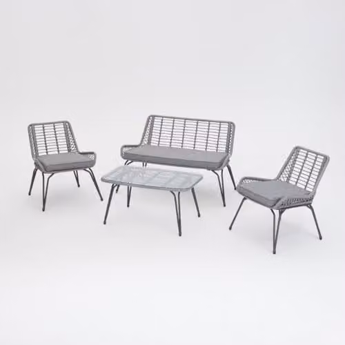 Home Detail Grey Scandinavian Garden Lounge Set with Upholstered 2-Seater Sofa, Armchair, and Coffee Table